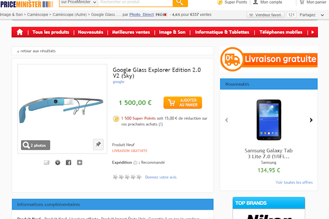 Les Google Glass à la vente sur PriceMinister à 1500 €