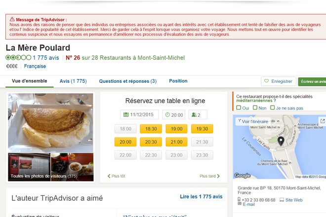 La Mère Poulard mise à l’index pour manipulation des avis clients sur TripAdvisor